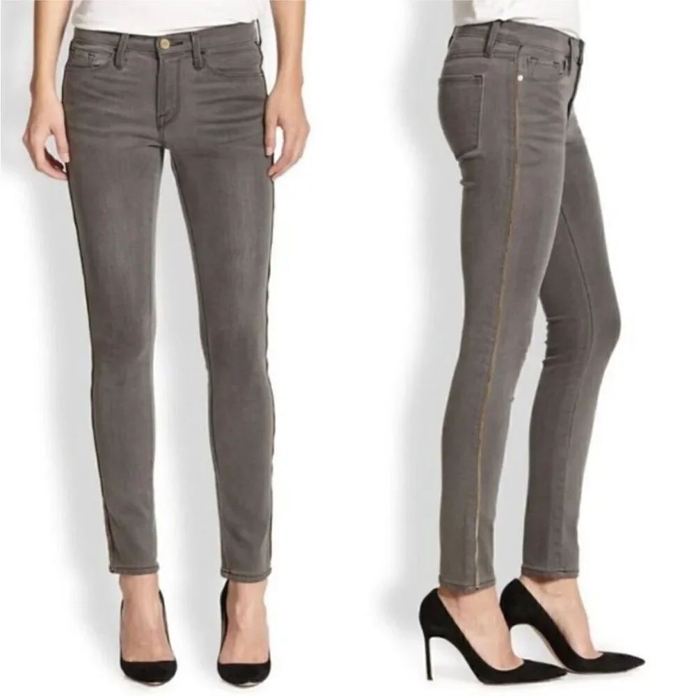 Revolve FRAME Le Skinny de Jeanne Thatcher Gray Zipper Accent Ankle Jeans